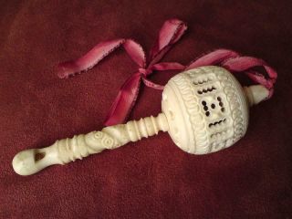 Antique Victorian Edwardian Carved Turned Sheep Deer Bone Baby Whistle Rattle