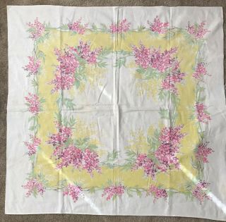 Vintage Pink Green Yellow Floral Linen Tablecloth Square 50 X 50 Lilacs Startex
