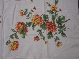 Vintage White Cotton Tablecloth W Yellow Orange Chrysanthemum Flowers 51 " X 68 "