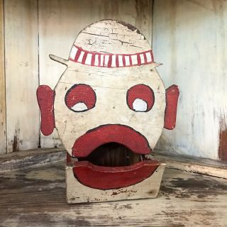 Vintage Clown Folk Art Wooden Match Box Holder - Folk Art Aafa Primitive Rare