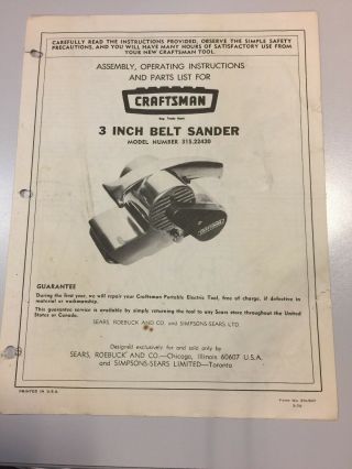Sears Craftsman Assembly,  Operating And Parts List 3 Inch Belt Sander