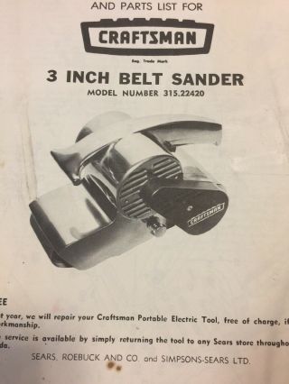 Sears Craftsman Assembly,  Operating and Parts List 3 Inch Belt Sander 2