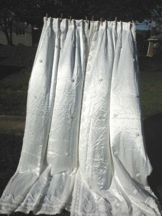 Vintage White Satin Chenille Curtains Drapes - 2 Panels Pinch - Pleat 23 " X 86