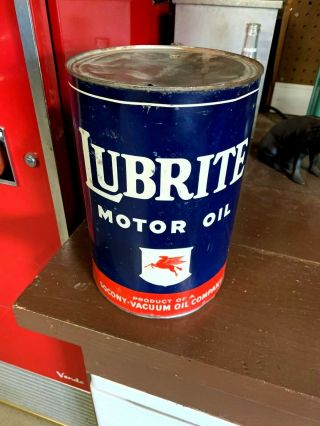 Vintage Five 5 Quart Qt Lubrite Motor Oil Can Mobil Gas Display