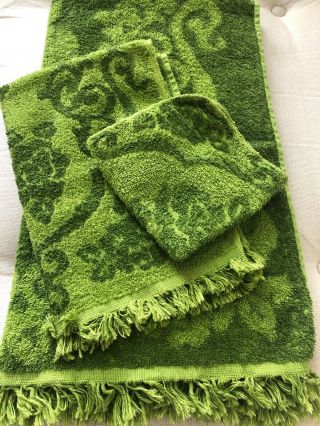 Vintage Cannon Royal Family Towels Mcm Green Flower Power,  Set Of 3