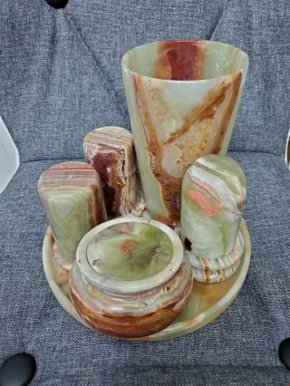 Unique Vintage Green Onyx Stone Set Of 6 Salt Pepper Holder Glass Tray Jar