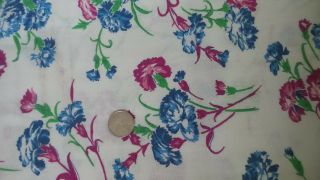 Vintage Feedsack Feed Sack Fabric Shades Of Blue & Magenta Carnations On White
