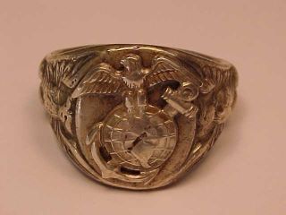 Vintage Ww2 Sterling Silver Usmc Ring Us Marine Corps Eagle Globe Anchor Sz 10.  5