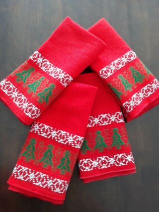 Vtg 1950s Mcm Woven Cloth Christmas Napkins Set Trees Red White Green Large