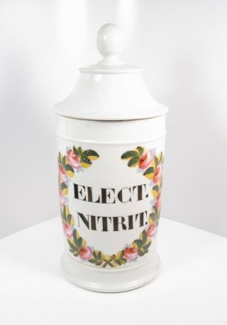 Antique Electric Nitrite Porcelain Large Apothecary Lidded Jar Circa 1900 