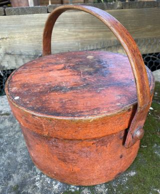 Primitive Antique Wooden Bale Handled Pantry Box Old Paint Wood Bucket