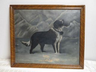 Victorian St Bernard Dog Swiss Alps Oil Painting Tiger Maple Frame 40x23