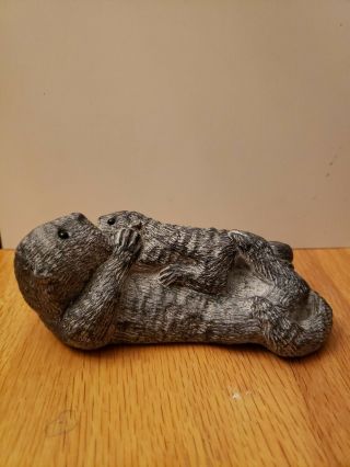 Vtg Wolf Inuit Alaskan Otter & Baby Soapstone Carving Sculpture Signed W.  E.  416