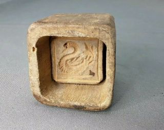 Vintage Small Primitive Hand - Carved Wooden Butter Mold Stamper Swan Design