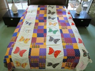 Vintage All Cotton Hand Sewn Appliques " Strippy " Butterfly Quilt Top; 89 " X 73 "