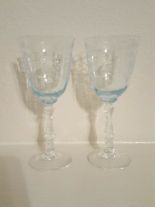 Set Of Two Fostoria Navarre Blue Crystal Water Goblet 7 5/8 " Etched