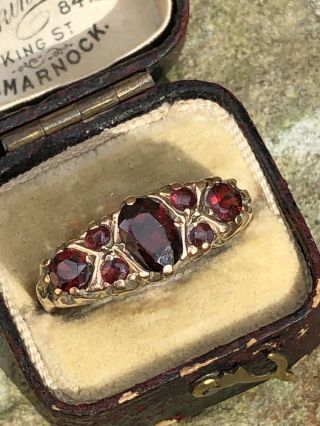Antique Large Yellow Gold Garnet 3 Stone With Garnet Points Ring Band Pretty