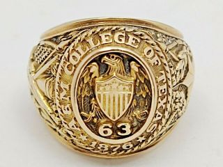 Vintage 10k Gold 1963 A&m College Of Texas A&m Aggie Class Ring 28g Mens S 8 1/2