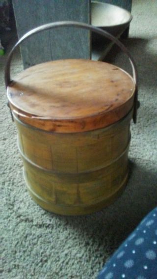 Antique Mustard Painted Firkin / Wooden Sugar Bucket Primitive
