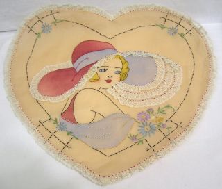 Vtg Pillow Cover Heart Shape Appliqued Embroidered Lace Huge Hat 1930s