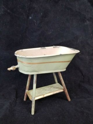 Antique Vintage Tin Oval Bathtub On A Stand,  Dollhouse Miniature