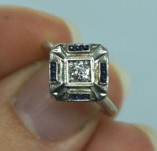Art Deco Vintage 14k White Gold.  20 Ct Old Mine Cut Real Diamond Sapphire Ring
