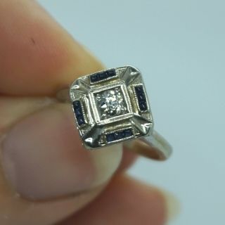 Art Deco Vintage 14k White Gold.  20 ct Old Mine Cut REAL DIAMOND Sapphire Ring 2