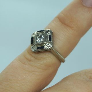 Art Deco Vintage 14k White Gold.  20 ct Old Mine Cut REAL DIAMOND Sapphire Ring 3