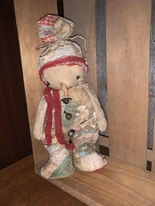 Primitive Little Snowman Doll Old Quilt Worn & Torn & Raggedy