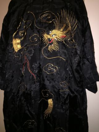 Vintage Asian Black Silk Gold Thread Embroidered Dragon Robe W/ Matching Pants M