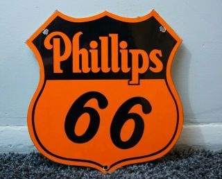Vintage Phillips 66 Orange Shield Porcelain Sign Motor Oil Metal Station Pump