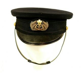 Imperial Japanese Navy Officers Peaked Cap W/anchor Mark Chin Strap Signed Vg