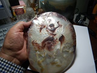 Antique Carved Abalone Mother Of Pearl Shell Knight On Horse With Woman