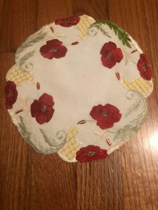 Antique Society Silk Embroidery On Off White Linen Doily Red Poppies