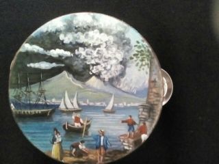 Vesuvio Eruzione Napoli Antica Tamburello Diametro 10 Cm Dipinto A Mano