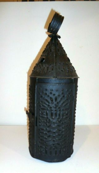 Early Antique Punched Pierced Tin Barn Candle Lantern Primitive