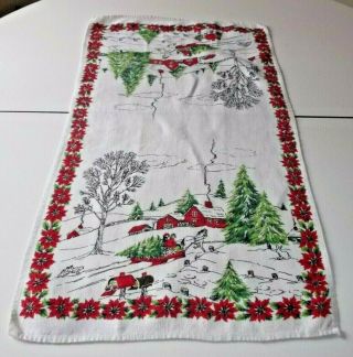 Vintage Linen Dish Tea Towel Christmas Winter Country Scene