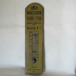Antique Wood Advertising Thermometer John Whitaker Flour & Feed