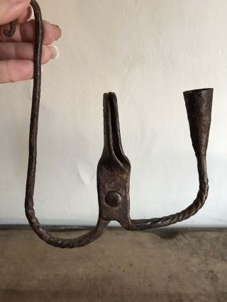Rare Early Antique Hand Forged Iron Hanging Loom Light Rush Nip Holder Aafa