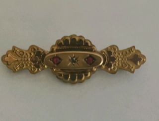 Antique Victorian 9ct Gold Diamond Ruby Etruscan Brooch