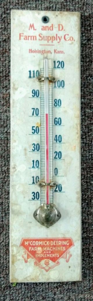 Rare 1920s Mccormick - Deering (ih) Wood Thermometer.  Hoisington,  Kansas