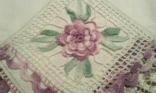 Vintage White Cotton Pillowcases Pair With Purple,  White,  Green Crochet Trim