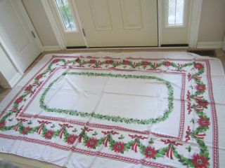 Vintage Christmas Poinsettia Table Cloth 86 " By 58 "