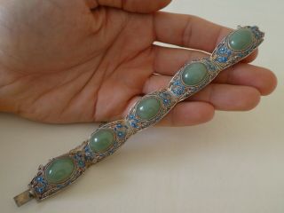 Vintage Chinese Silver Enamel & Cabochon Jade Bracelet