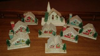 Set Of 9 Vintage Christmas Putz Mica Cardboard Houses Church