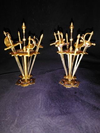 Vintage Toledo Spain Brass Cloisonné Cocktail Miniature Skewer Swords 2 Set Of 6