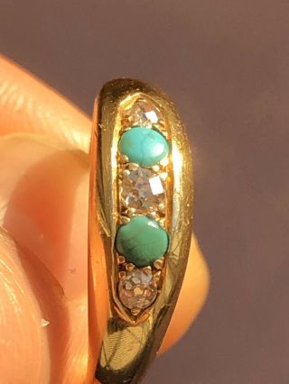 Antique 18ct Hallmarked Turquoise Rose Cut Diamonds Gold Ring - Uk Size O