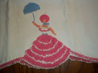 Vintage Pair Crocheted Southern Belle Lady Std Size Pillowcase Pink/white Cotton