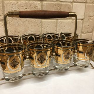 Vtg Shot Glass Set Of 8 With Gold Toned Caddy Wood Handle Thistle Flower Bar Mcm