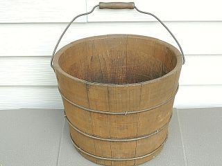 Antique Primitive Old Wood Bucket W/ 3 Bands,  Paint,  Wood Handle